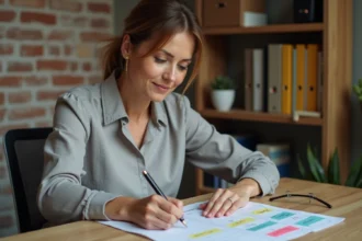 Cheffe d'une TPE organisant ses priorités et son planning sur un bureau en bois avec des post-its colorés