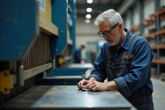 Ouvrier métallurgiste inspectant une pièce de pliage métallique sur une presse plieuse CNC dans un atelier industriel