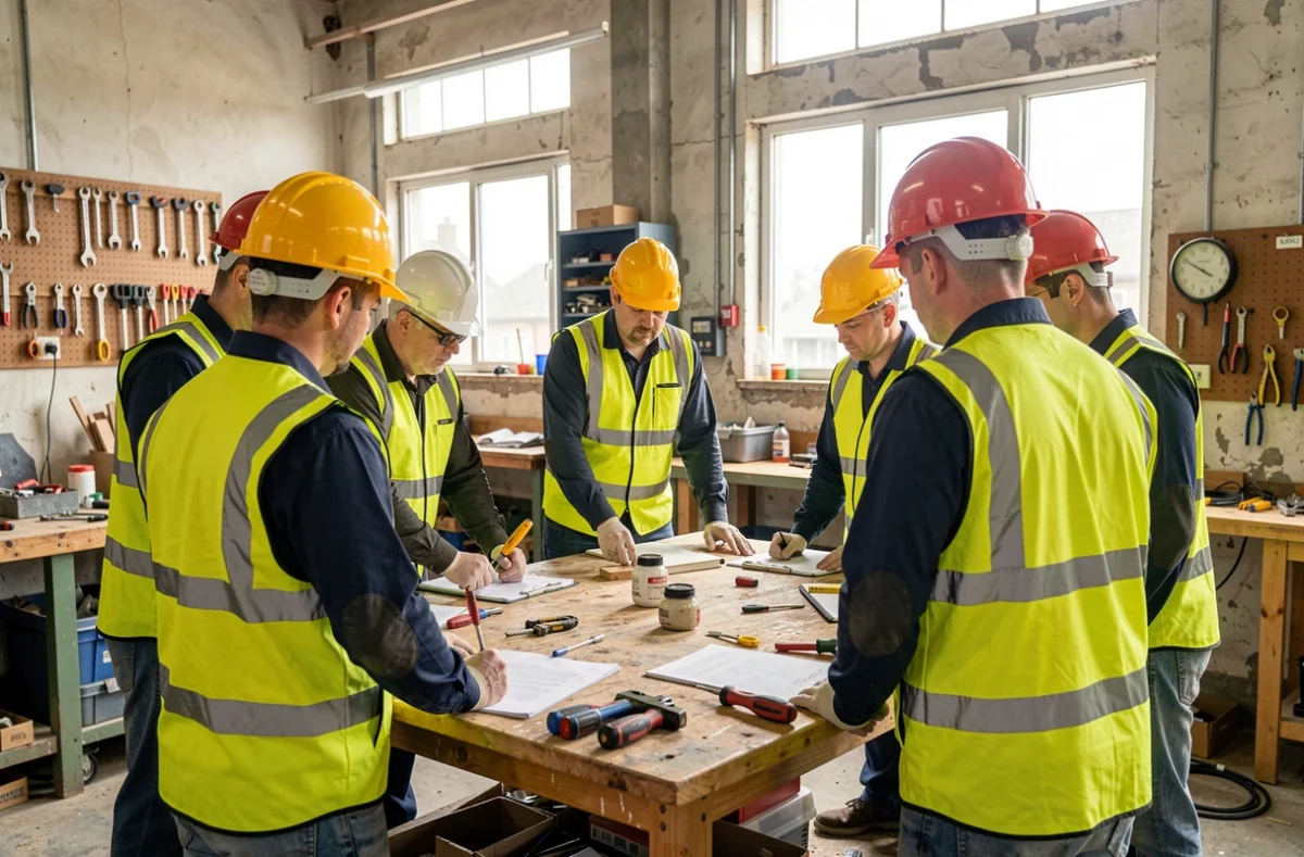 Ouvriers du bâtiment suivant un stage pratique de sécurité en atelier