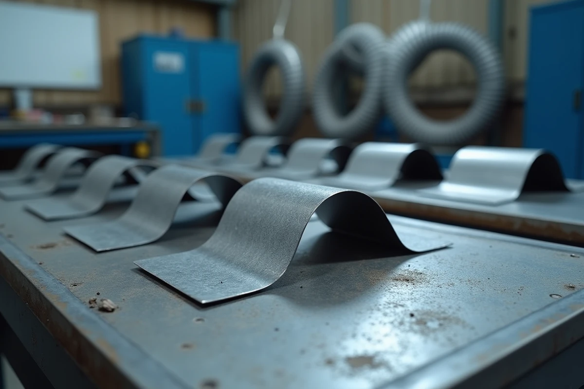 Pièces en acier plié disposées sur un établi d'atelier de pliage métallique de précision avec géométrie nette et bords tranchants