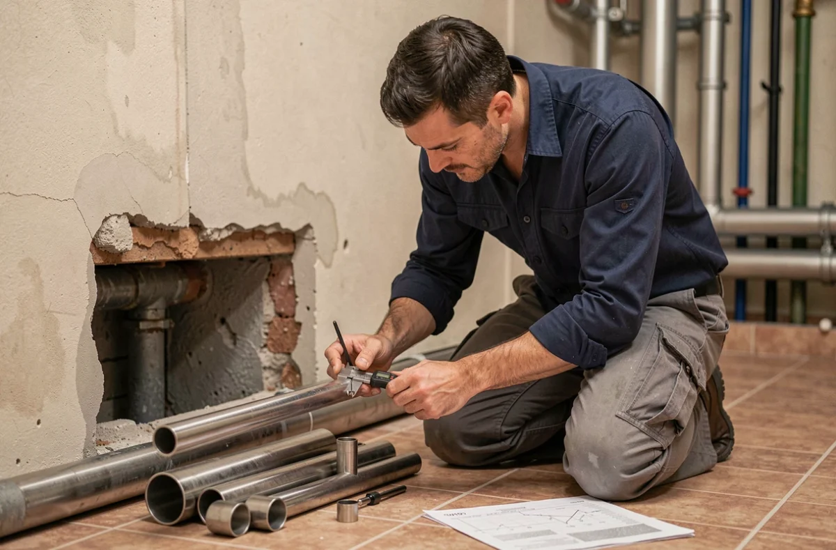 Plombier mesurant un tube inox avec un pied à coulisse dans un chantier de rénovation