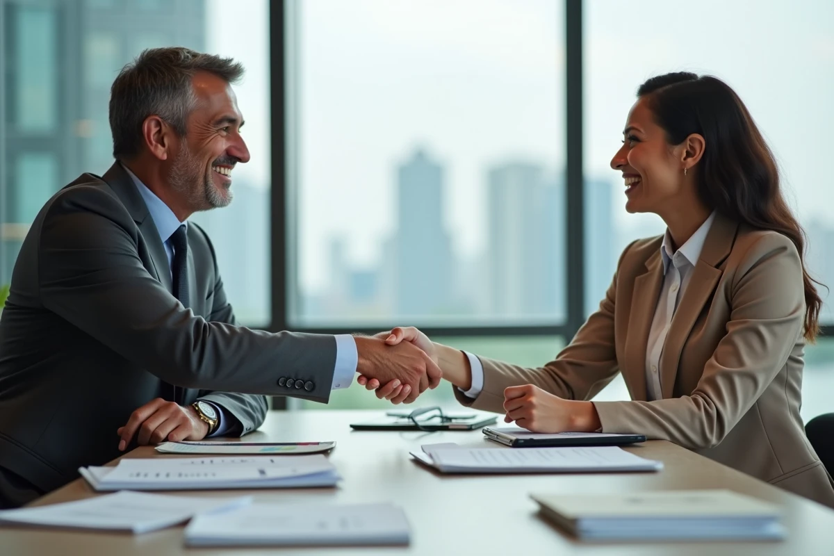 Deux professionnels se serrant la main lors d'une réunion commerciale autour d'une table avec des outils de gestion de contacts