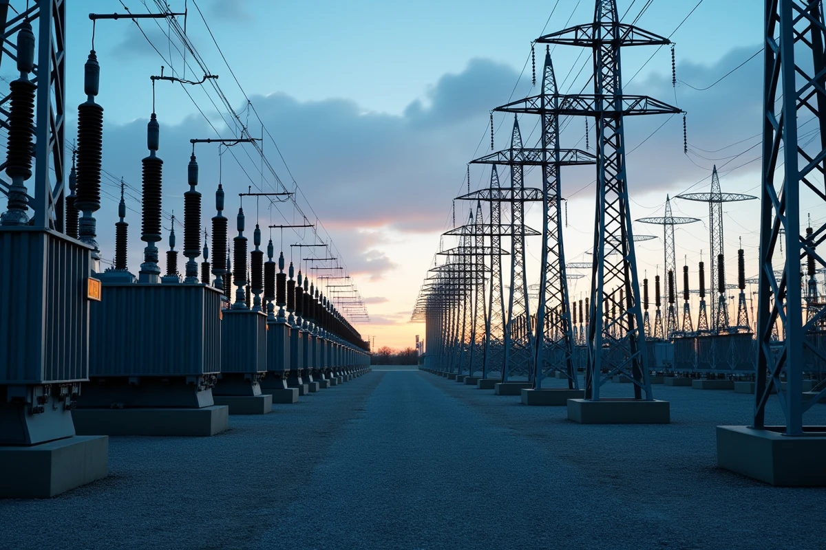 Poste électrique haute tension et lignes de transport d'énergie illustrant l'infrastructure des échanges non programmés sur le réseau