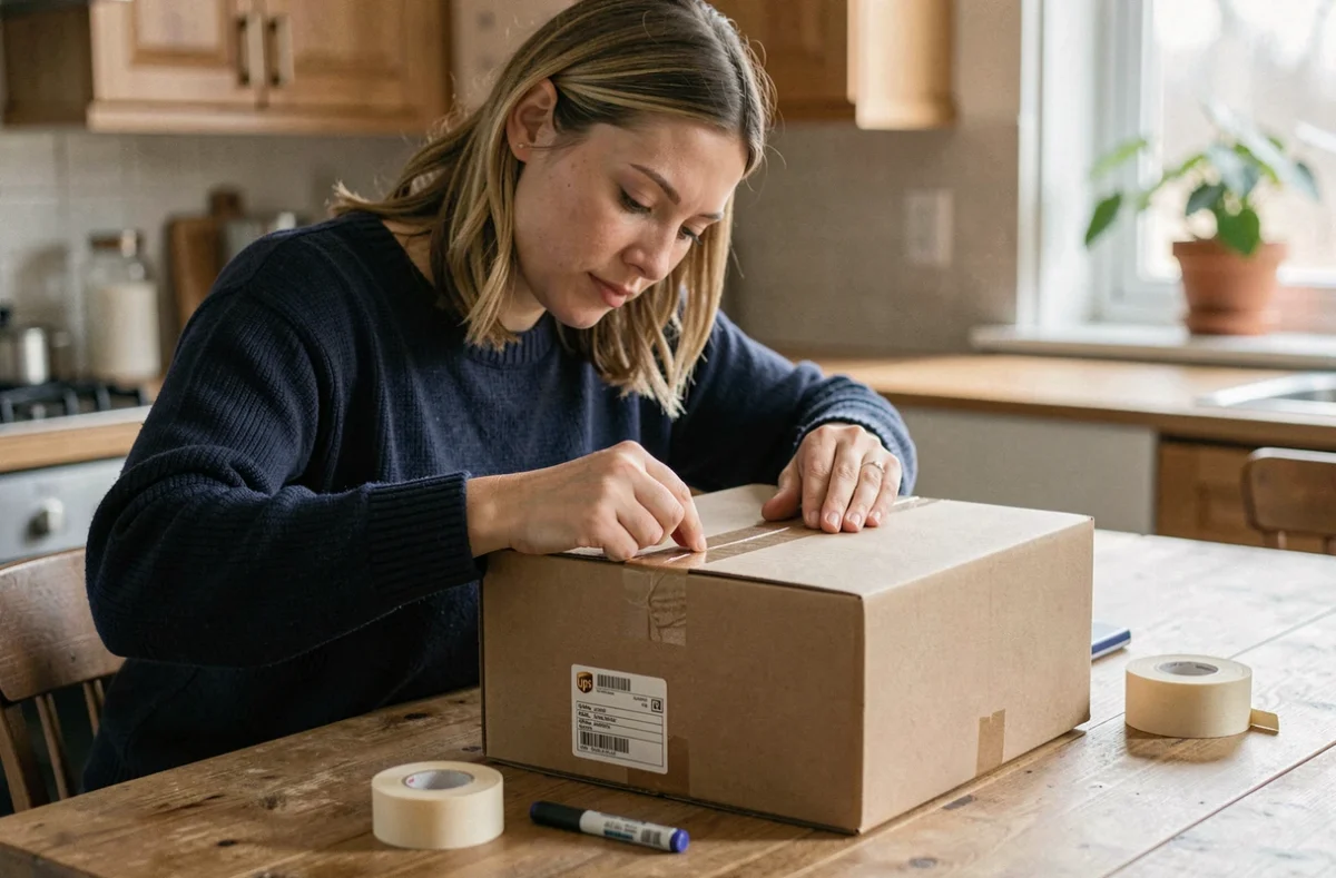 Femme préparant un colis avec une étiquette UPS sur une table en bois à la maison