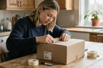 Femme préparant un colis avec une étiquette UPS sur une table en bois à la maison