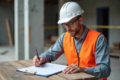 Professionnel du BTP en gilet orange examinant un devis de travaux sur un chantier de construction