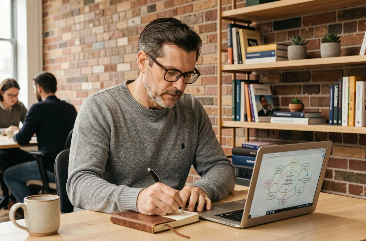 Homme professionnel prenant des notes sur les enjeux RSE dans un espace de coworking avec ordinateur portable et cahier