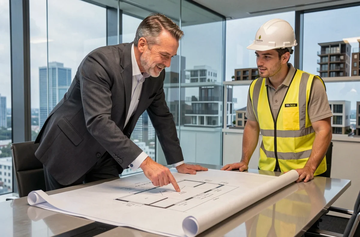 Promoteur immobilier et chef de chantier discutant de plans architecturaux dans une salle de réunion moderne