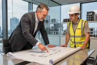 Promoteur immobilier et chef de chantier discutant de plans architecturaux dans une salle de réunion moderne