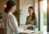 Réceptionniste spa moderne remet des formulaires à un client souriant