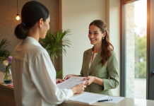 Réceptionniste spa moderne remet des formulaires à un client souriant