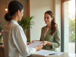 Autorisation pour ouvrir un spa : démarches et réglementation en France Réceptionniste spa moderne remet des formulaires à un client souriant