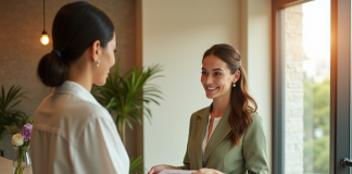 Réceptionniste spa moderne remet des formulaires à un client souriant