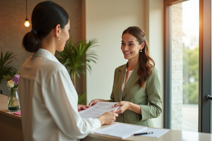 Réceptionniste spa moderne remet des formulaires à un client souriant