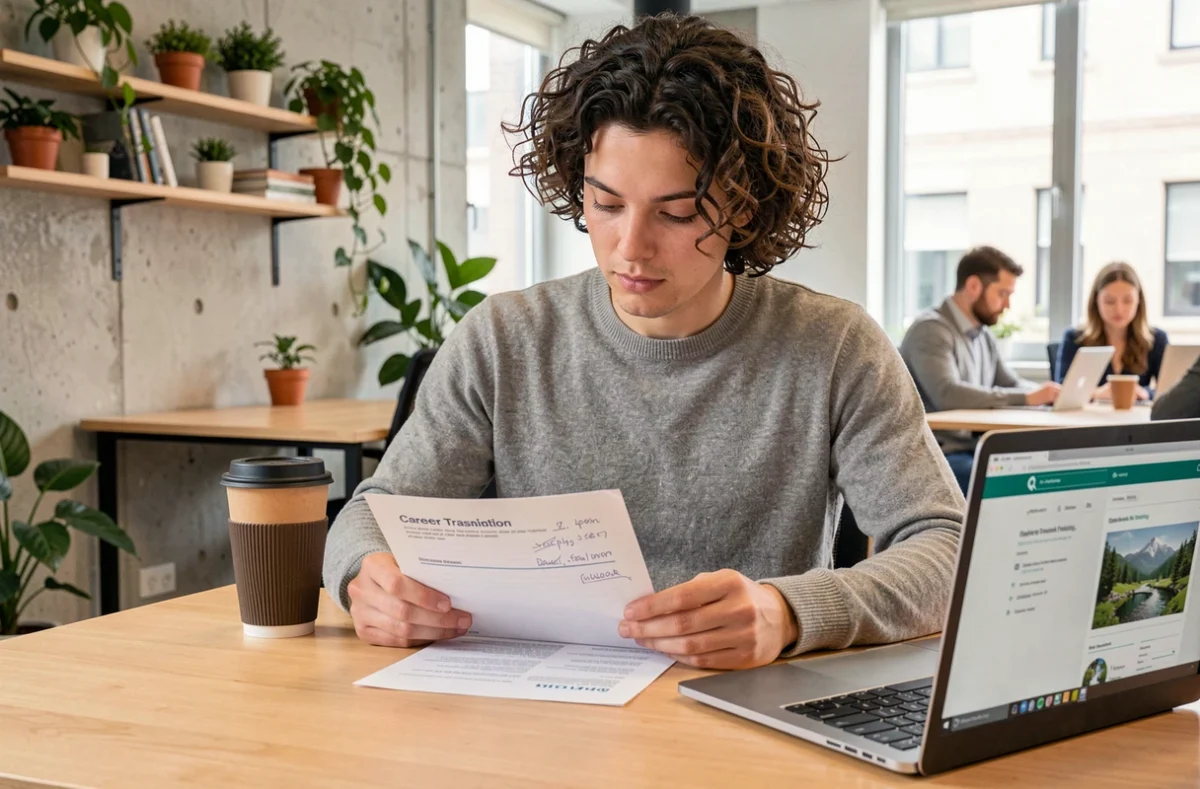 Personne en reconversion étudiant un programme de formation aux métiers environnementaux dans un espace de coworking