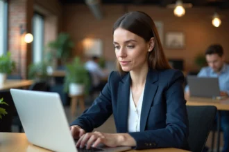 Femme professionnelle rédigeant du contenu LinkedIn avec mise en forme en gras sur un ordinateur portable dans un bureau moderne