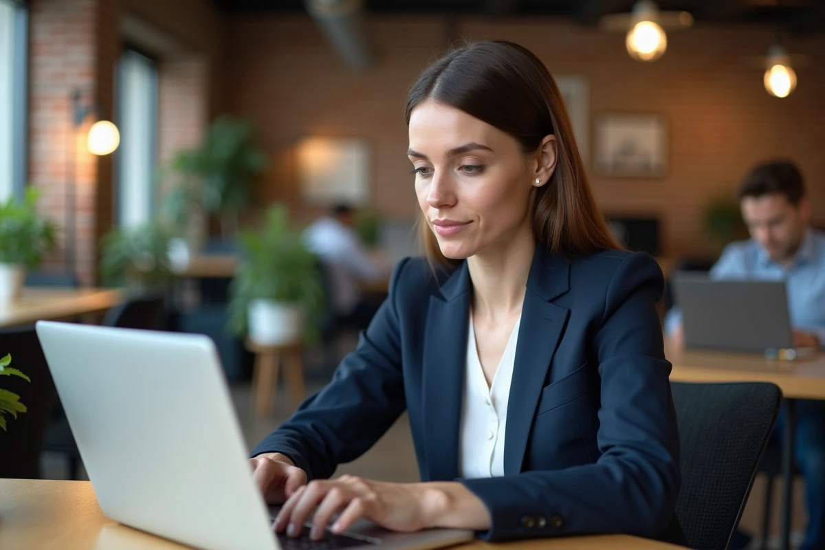 Femme professionnelle rédigeant du contenu LinkedIn avec mise en forme en gras sur un ordinateur portable dans un bureau moderne