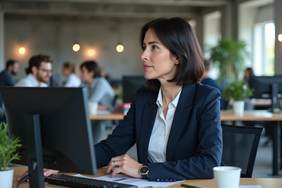 Responsable marketing externalisé travaillant sur des tableaux de bord digitaux dans une agence moderne à Lyon