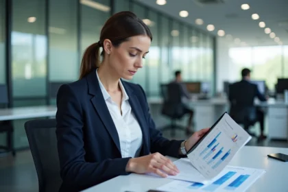 Responsable qualité en entreprise analysant des documents et tableaux de bord sur tablette dans un bureau moderne
