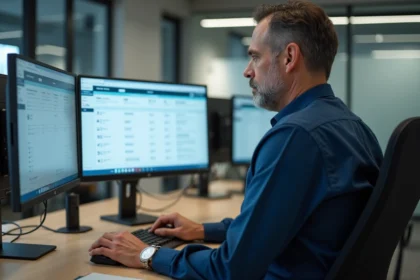 Responsable RH configurant un logiciel de paie DeskRH sur un poste de travail en open space professionnel