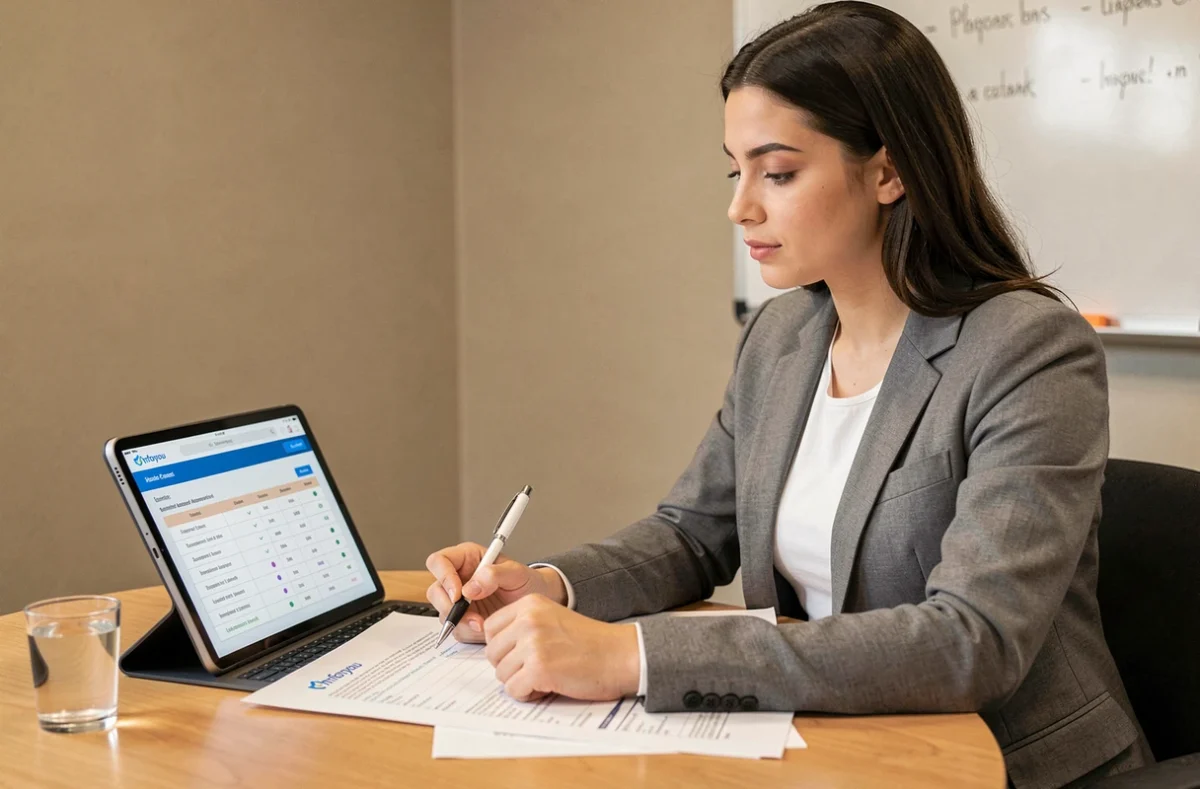 Responsable RH analysant les demandes de congés soumises sur tablette avec des documents imprimés en réunion