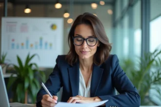 Responsable RH analysant des grilles de rémunération pour les stagiaires en 2026 dans un bureau d'entreprise moderne
