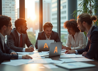 Marque avec un nom en A: avantages et intérêts pour votre entreprise Réunion d'équipe moderne avec logo A lumineux