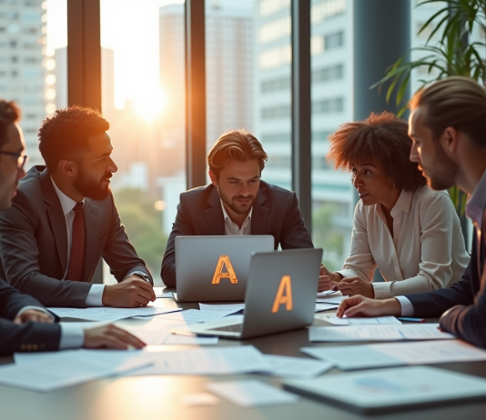 Réunion d'équipe moderne avec logo A lumineux