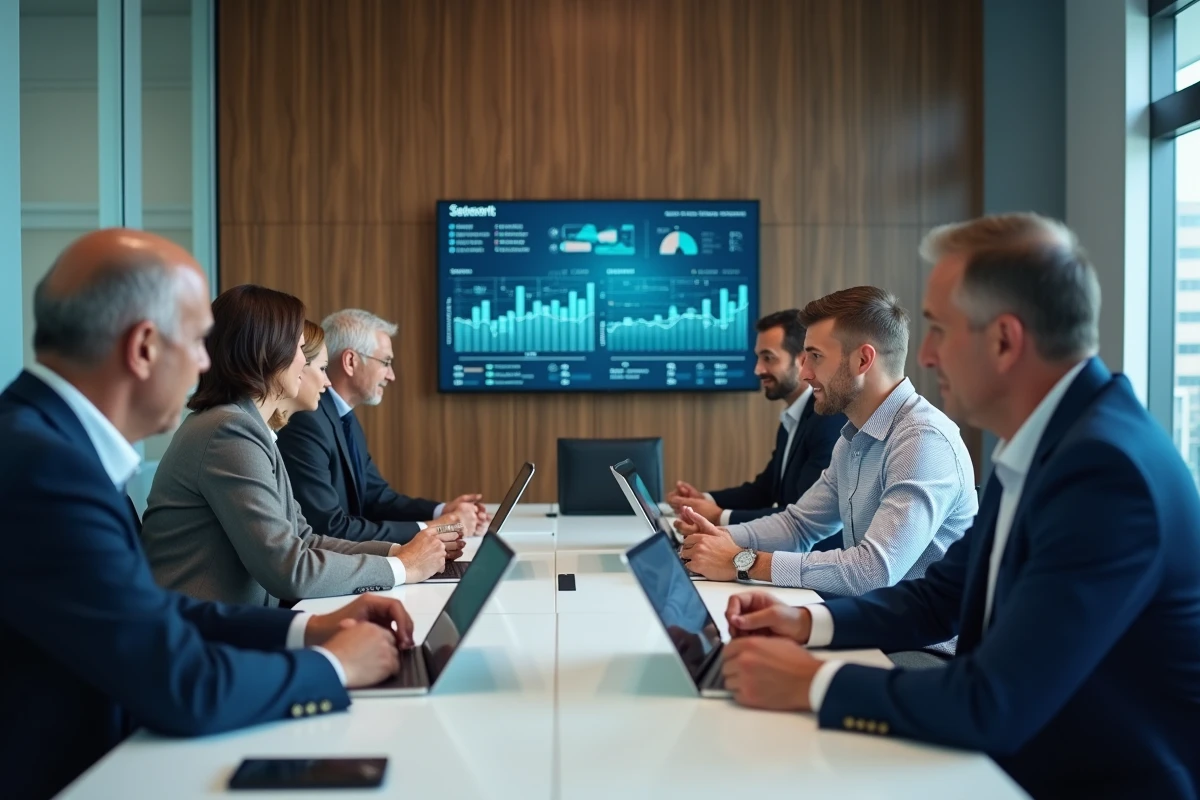 Groupe de professionnels en réunion discutant sécurité digitale
