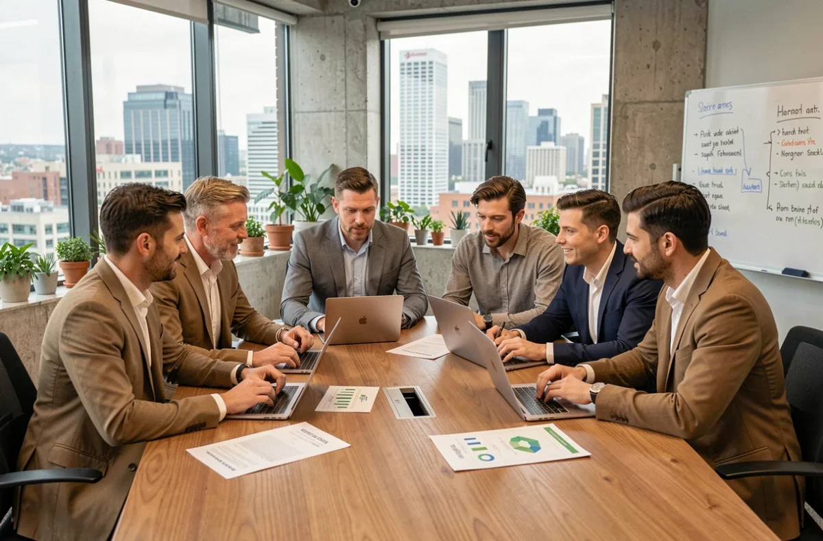 Équipe de professionnels en réunion autour d'une table discutant des piliers de la RSE avec rapports et tableaux de bord numériques