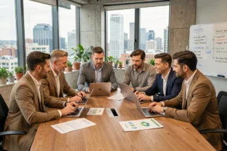 Équipe de professionnels en réunion autour d'une table discutant des piliers de la RSE avec rapports et tableaux de bord numériques