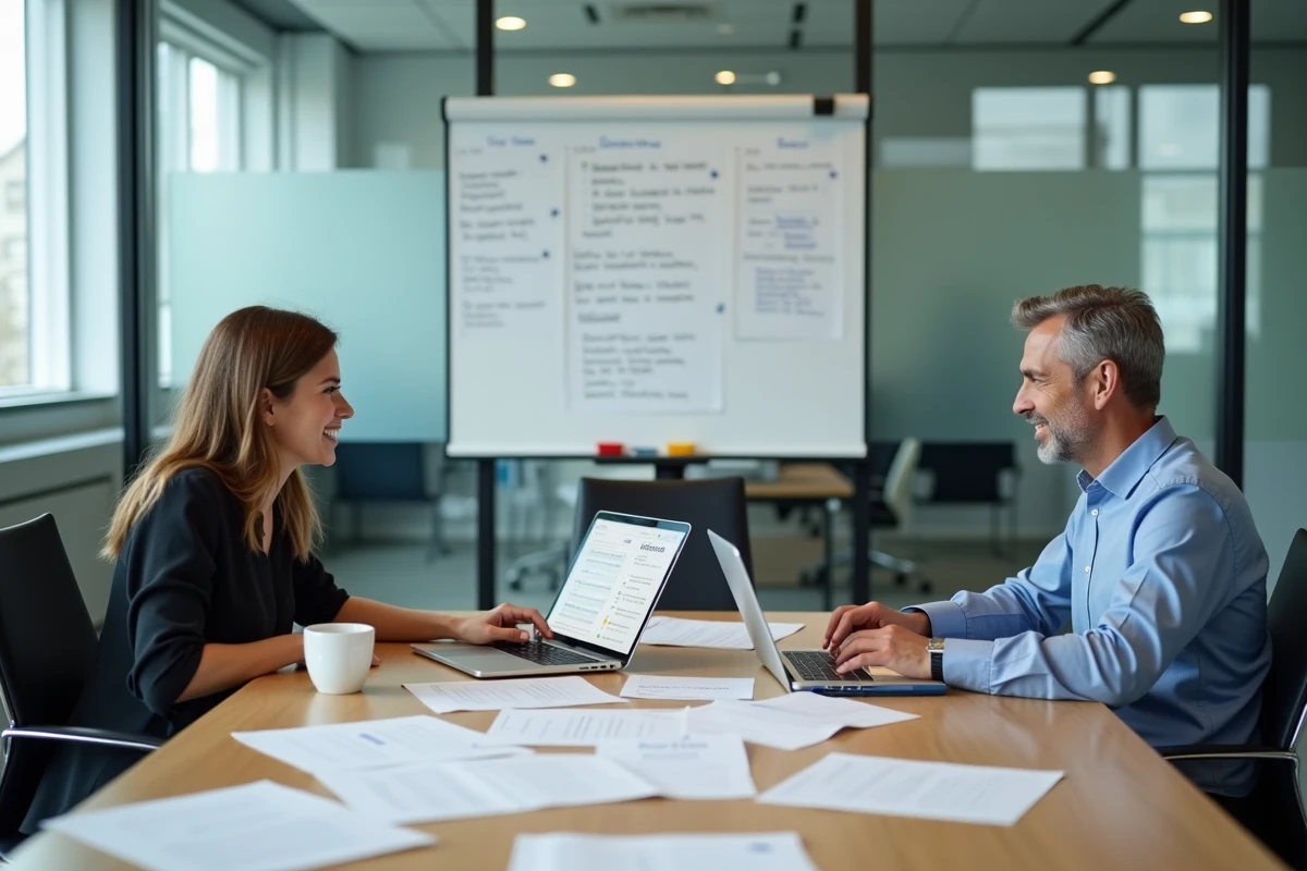 Deux collègues RH discutant du calcul des heures de travail temps plein et temps partiel autour de documents contractuels