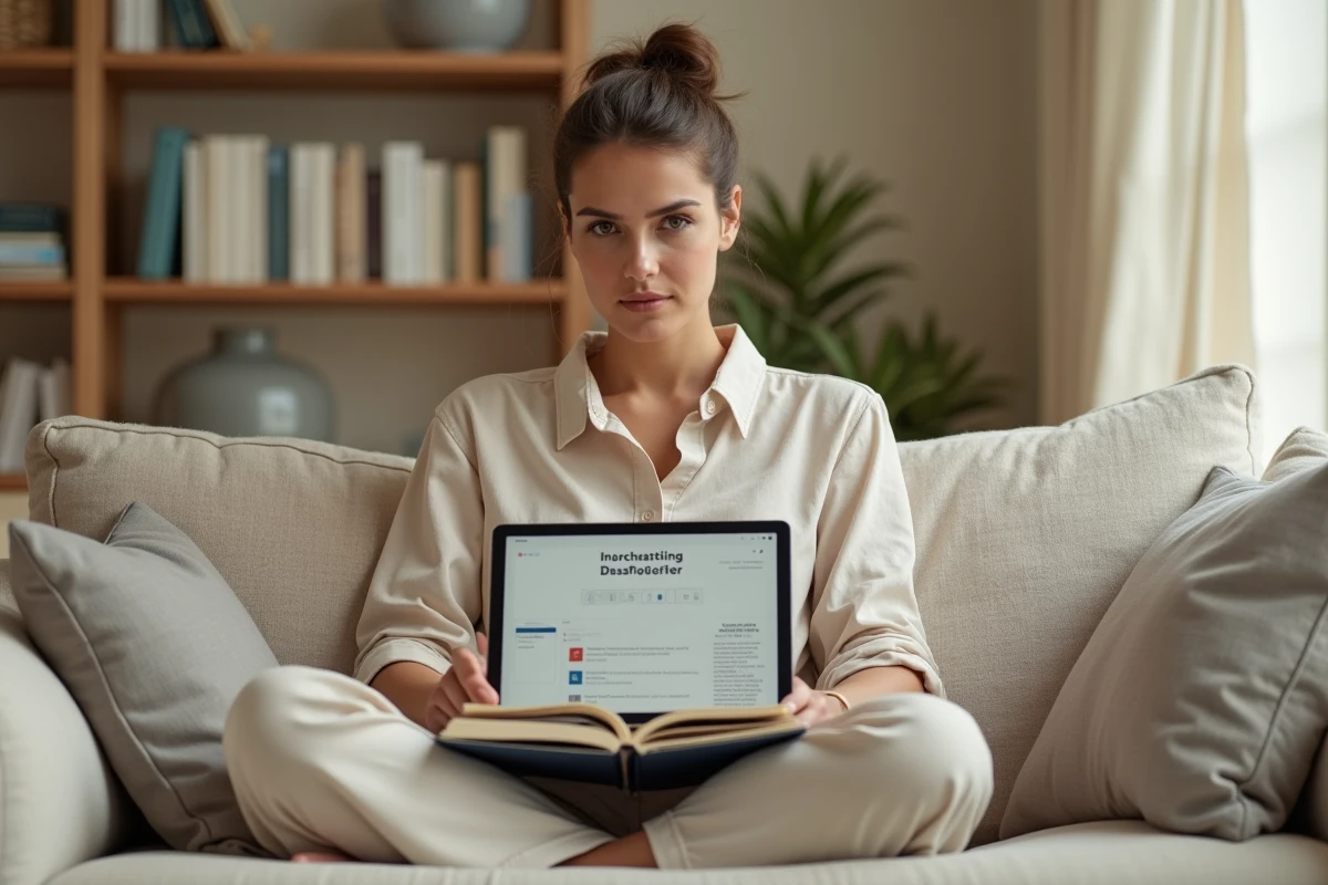 Jeune professionnelle en session de coaching digital à domicile avec tablette et carnet de notes
