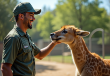 Soigneur zookeeper donnant à manger à un zein en plein air
