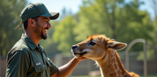 Soigneur zookeeper donnant à manger à un zein en plein air