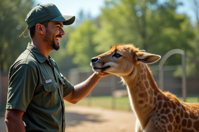 Soigneur zookeeper donnant à manger à un zein en plein air