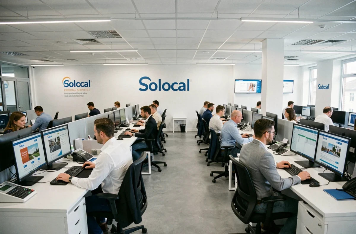 Bureaux de l'agence Solocal avec des équipes travaillant sur des solutions de présence numérique pour les entreprises locales françaises