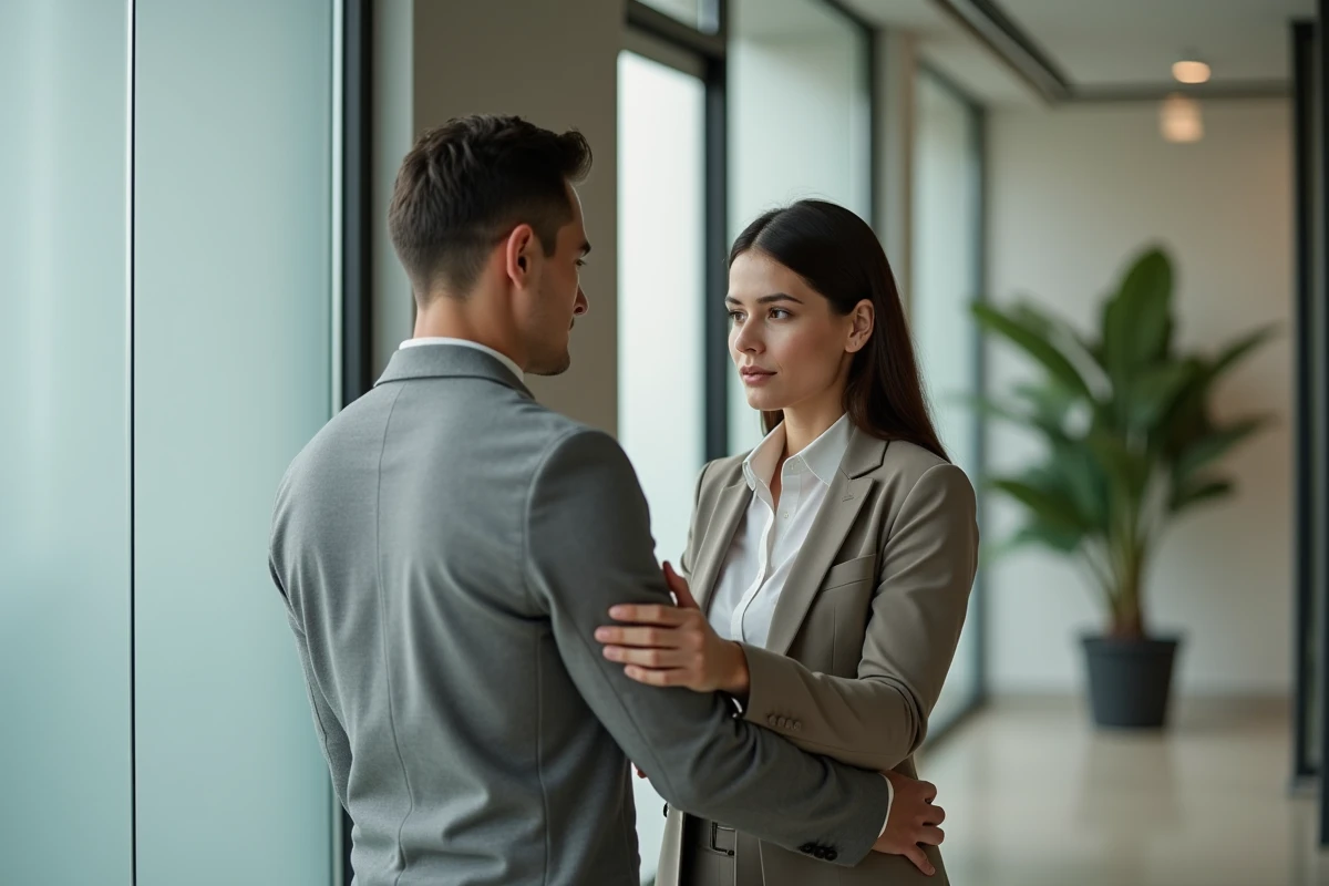 Deux collègues de bureau exprimant du soutien et de la compassion après un deuil au travail