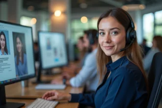 Agente de support client utilisant un logiciel de livechat multilingue sur double écran dans un open space moderne