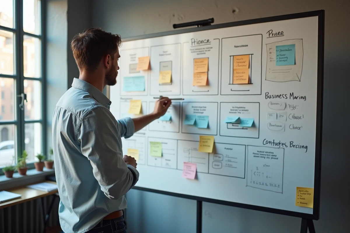 Entrepreneur présentant une grille tarifaire sur un tableau blanc dans un incubateur de startup