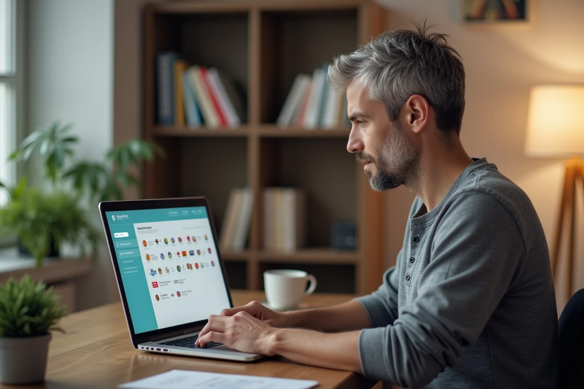 Homme en télétravail gérant un chat en direct multilingue depuis son bureau à domicile avec un tableau de bord international