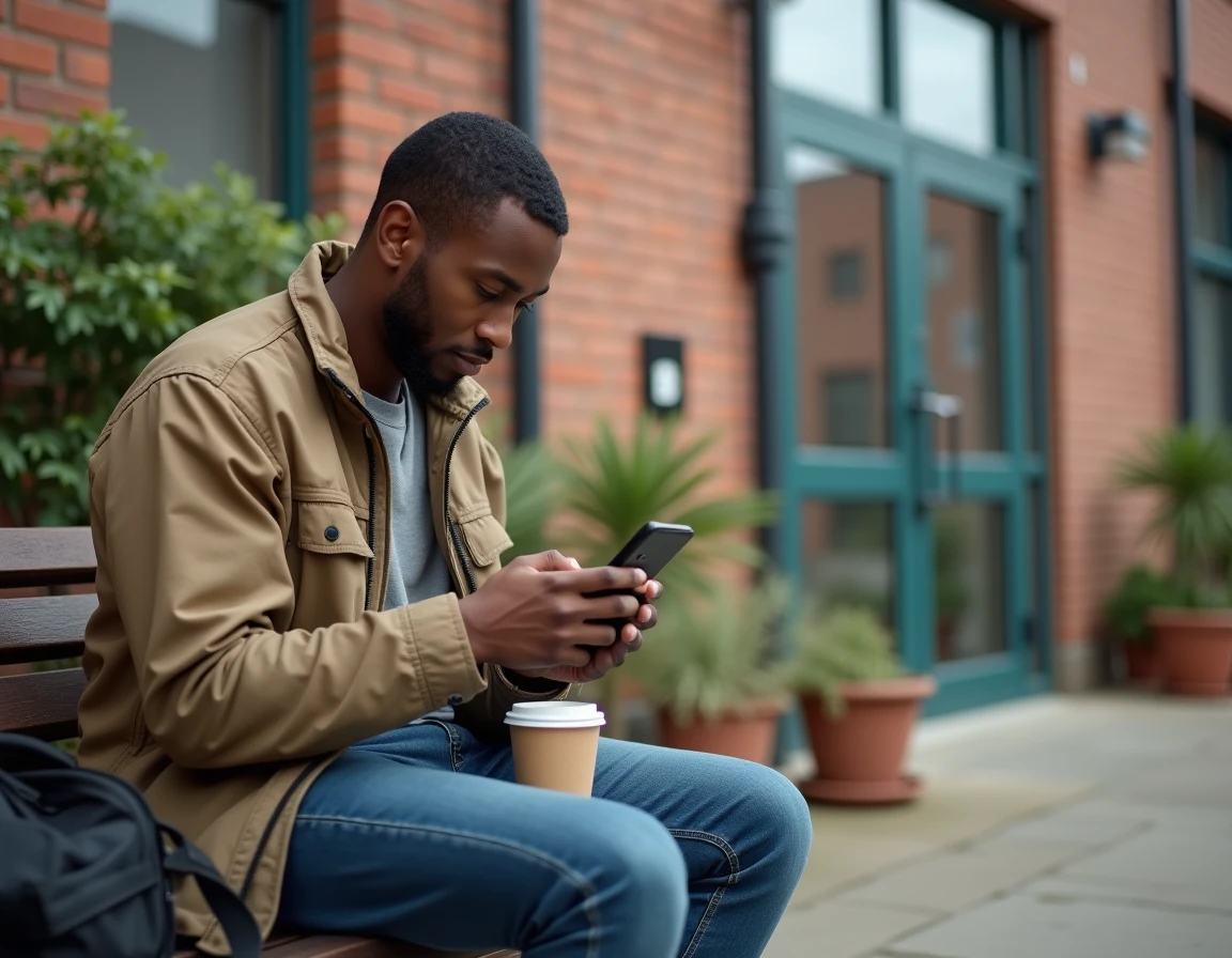 Travailleur social consultant ses droits aux congés trimestriels de la Convention 66 sur smartphone pendant une pause