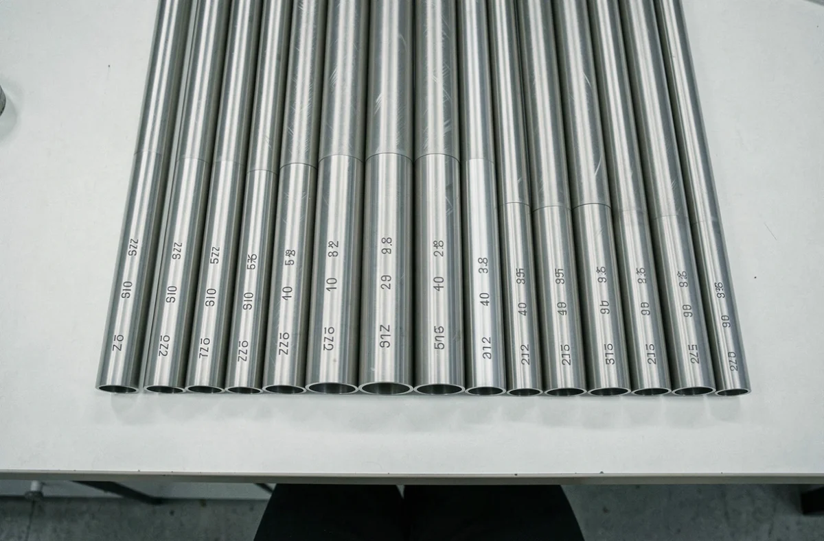 Tubes inox de différents diamètres pour plomberie alignés sur un établi blanc, vue de dessus