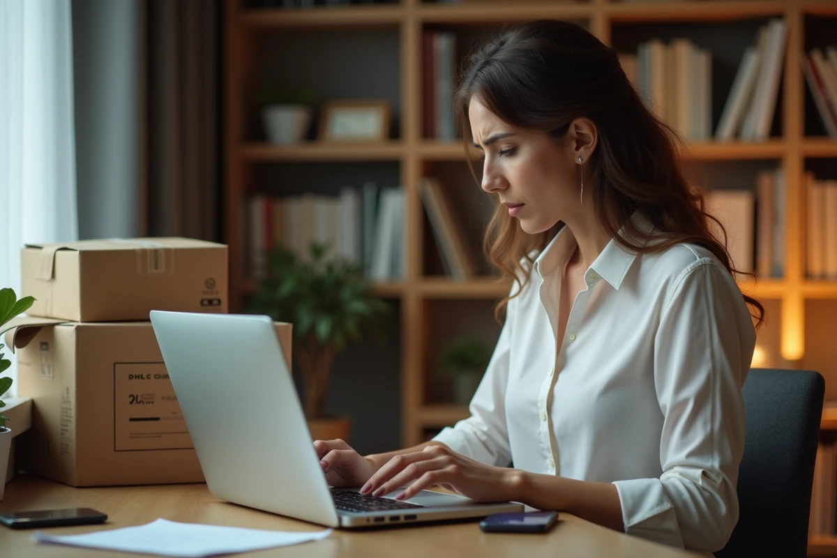 Vendeuse en ligne inquiète consultant le suivi de colis DHL perturbé par une grève depuis son bureau à domicile