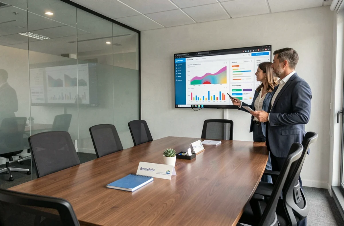Équipe de l'agence Vistanet en réunion stratégique autour d'un tableau de bord numérique dans leurs locaux professionnels
