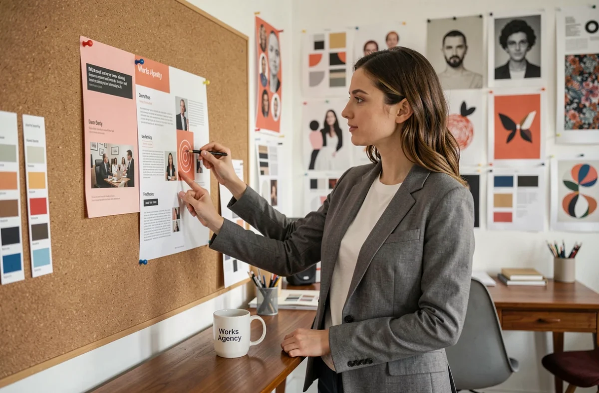 Directrice créative de Works Agency présentant une identité de marque dans un studio design en Seine-Maritime